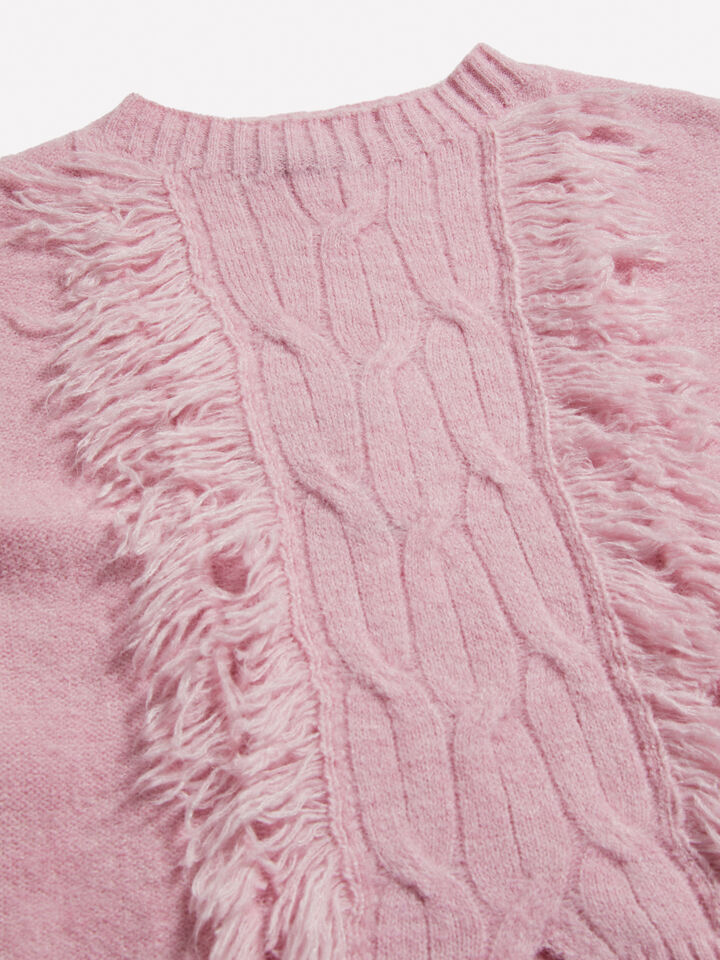 Pink sweater with cable knit and fringes - girls' knitwear - Pink | Sisley Young image number 2